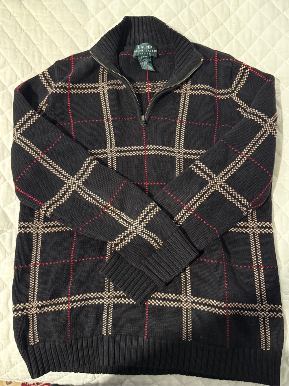 Vintage Lauren Ralph Lauren Women’s Black Half-Zip Plaid Sweater